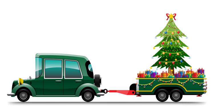 Greeen Car towing a decorated Christmas Tree in a decoracted trailer full of gifts.