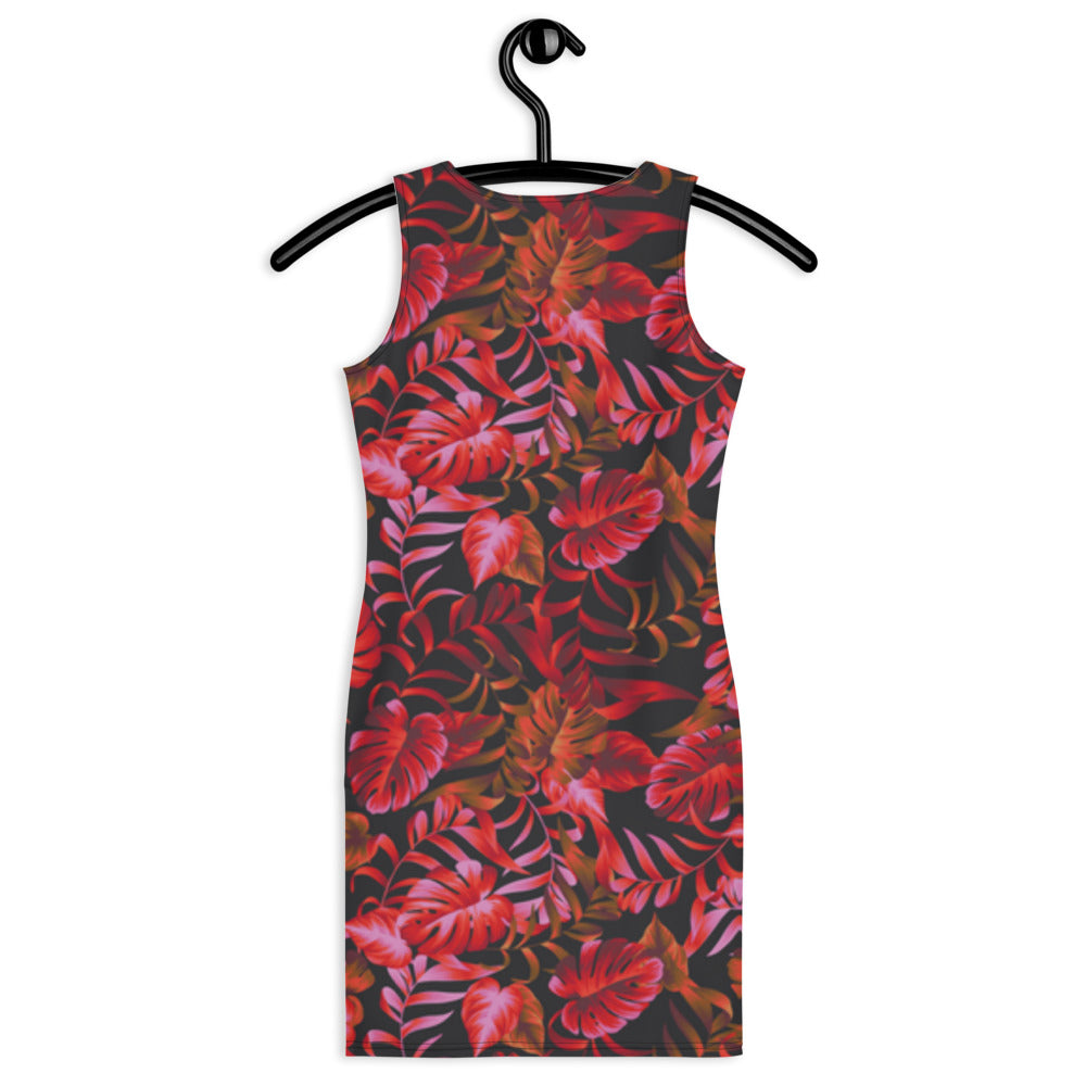 drop dead red and black pattern form fitting dress back view on a hanger