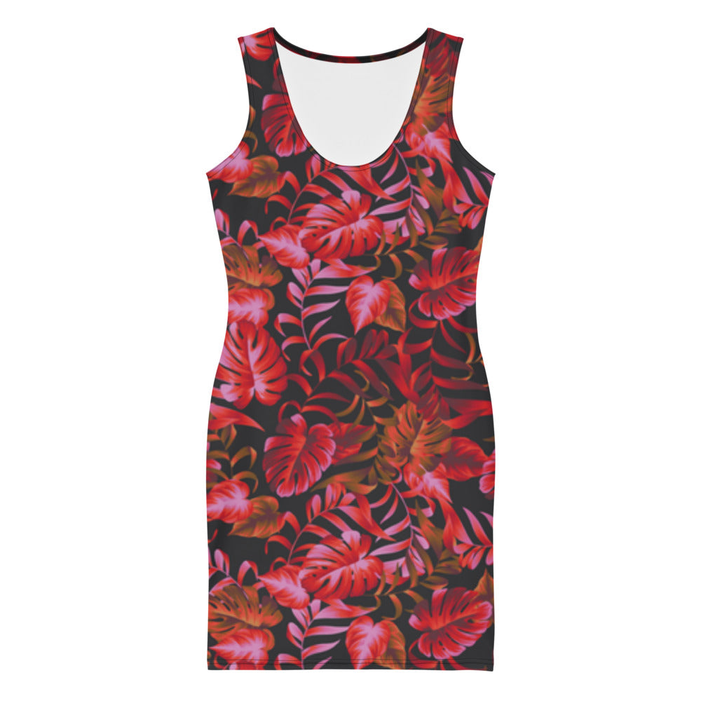 drop dead red and black pattern form fitting dress suspended front view