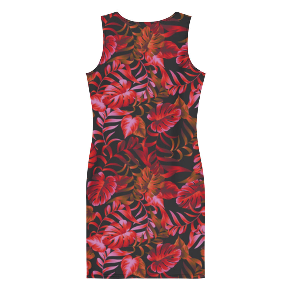 drop dead red and black pattern form fitting dress back suspended view