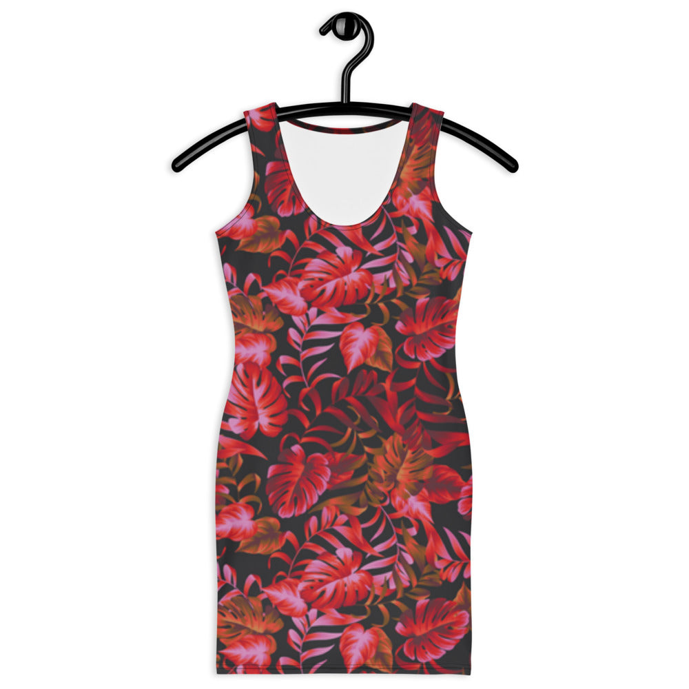drop dead red and black pattern form fitting dress front view on a black hanger