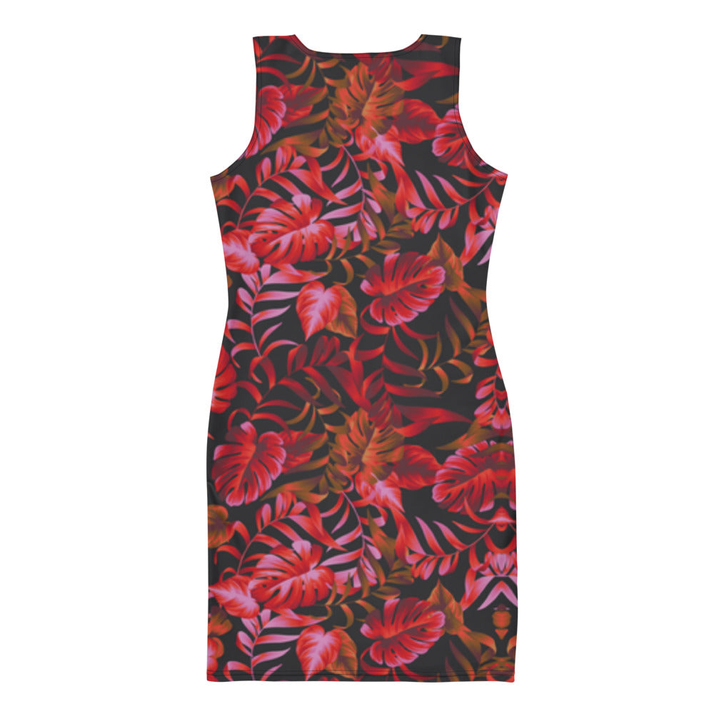 drop dead red and black pattern form fitting dress back ghost view