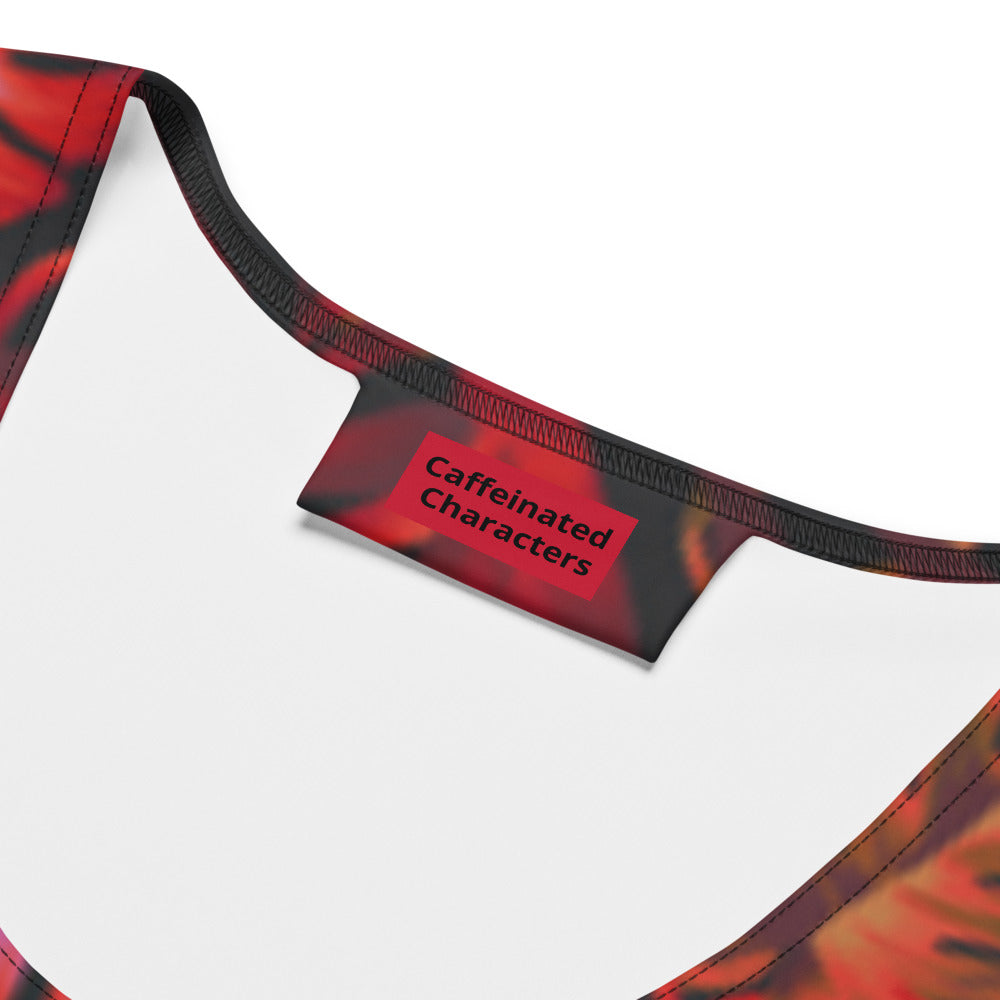 drop dead red and black pattern form fitting dress Caffeinated Characters Logo in red with black lettering