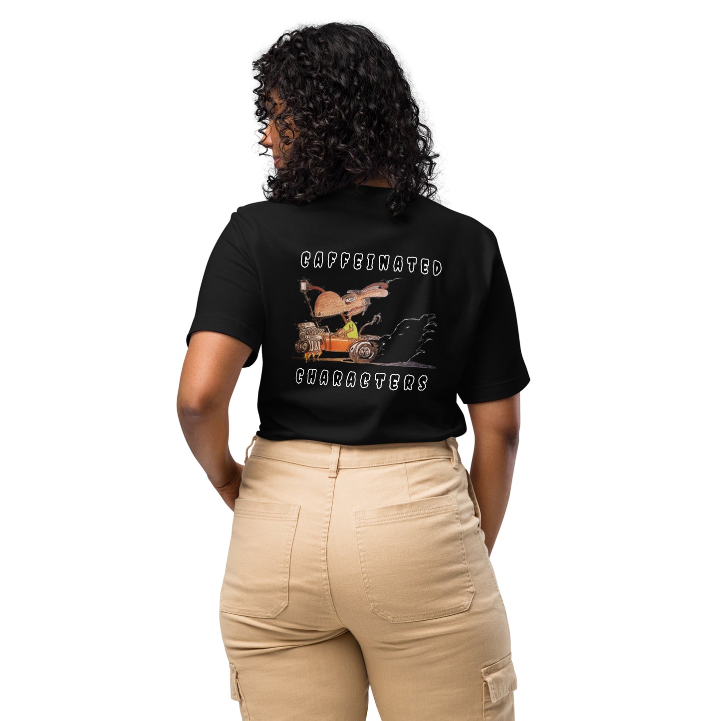 Caffeinated Characters Rat Rod Women's T-Shirt in Black tucked in ,back shot on a Woman