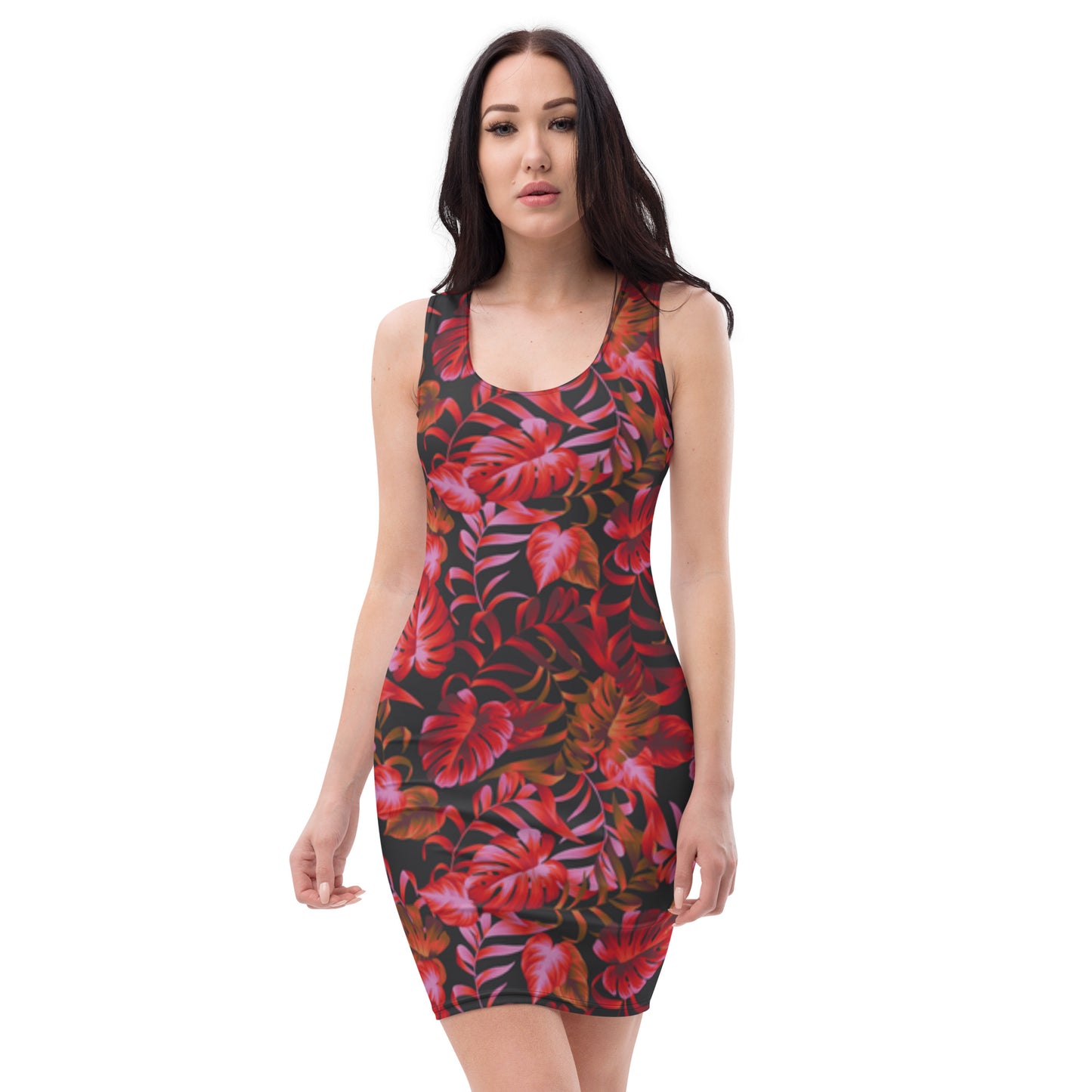 drop dead red and black pattern form fitting dress front view