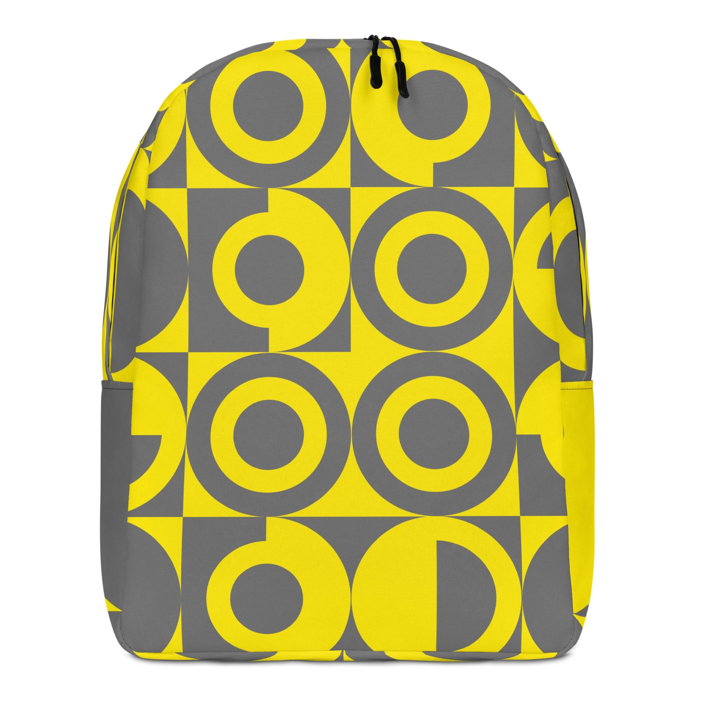 Yellow and Grey Geometric Pattern Backpack, front view with white background