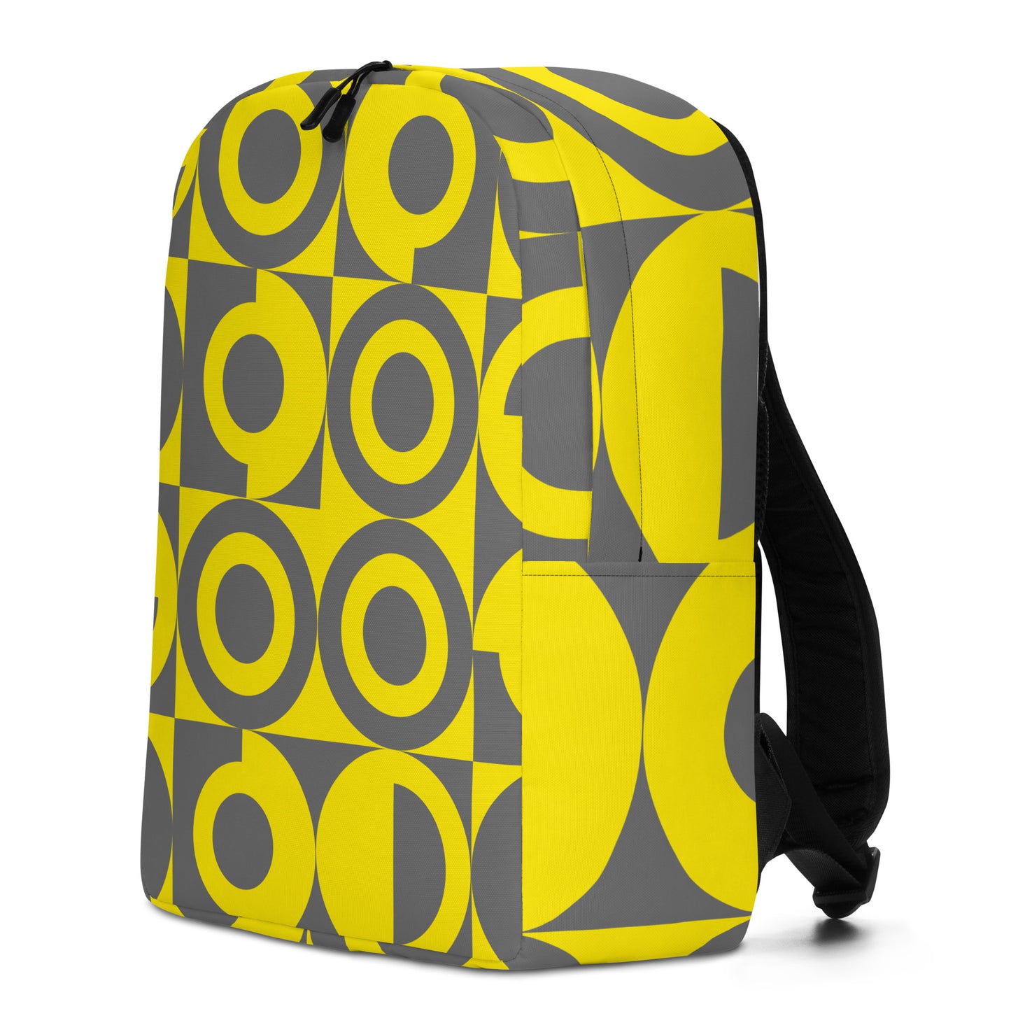 Yellow and Grey Geometric Pattern Backpack, front left side view with white background