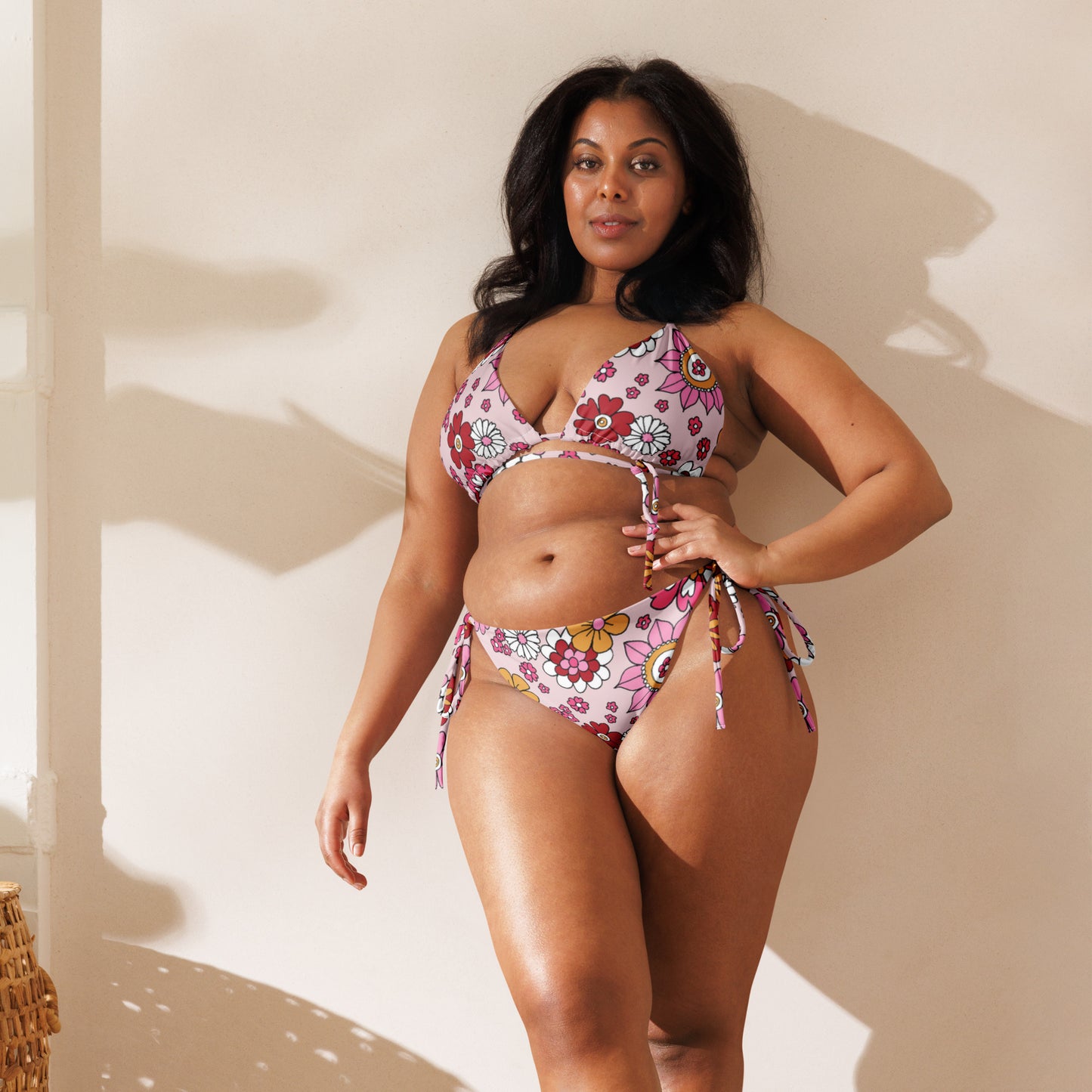 Pink and Red, Floral print recycled string bikini