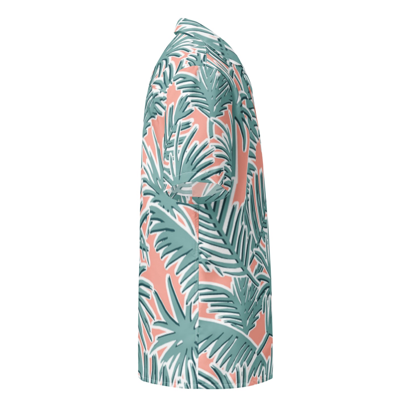 Long sleeve shirt with tropical leaf pattern on a white background