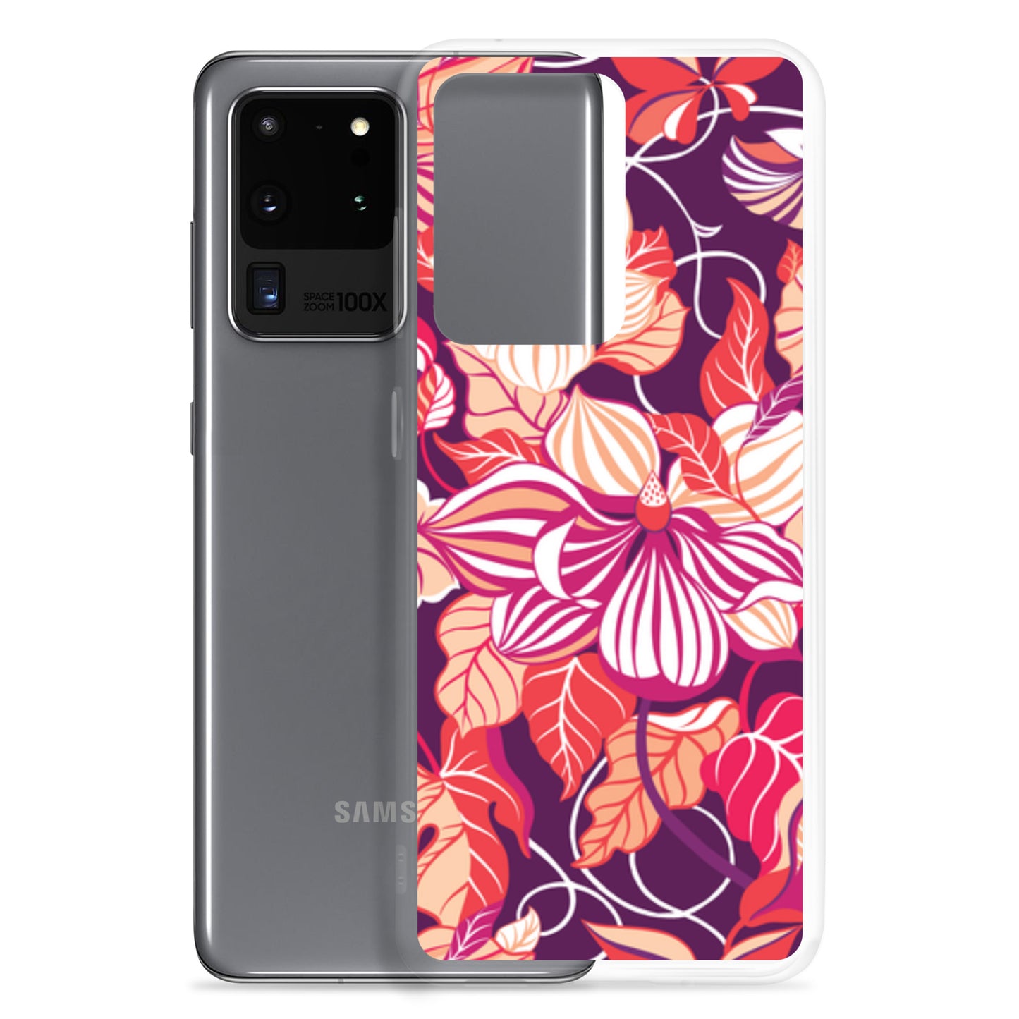 Samsung phone with a colorful floral case on a white background