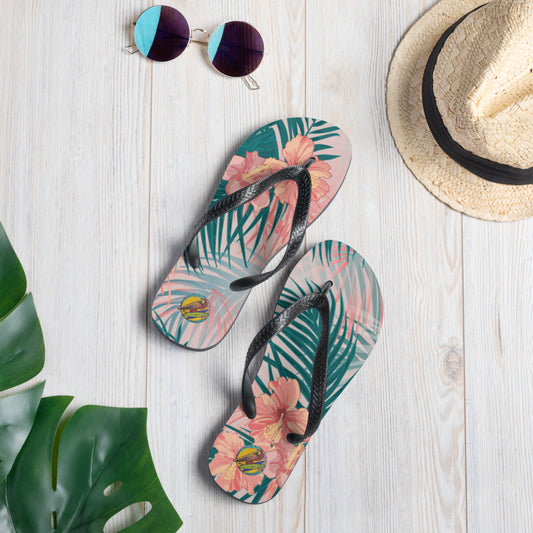 Tropical pink hibiscus flower flip flops