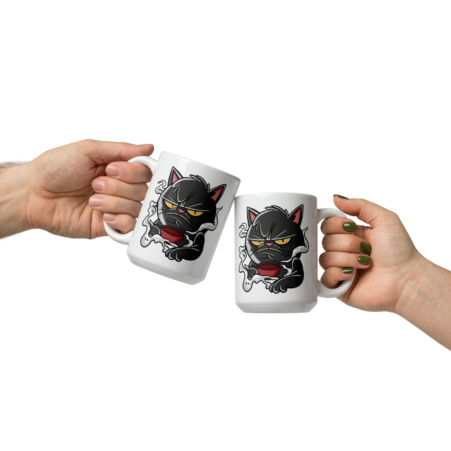 Two white mugs with a black cat design held by two hands against a white background