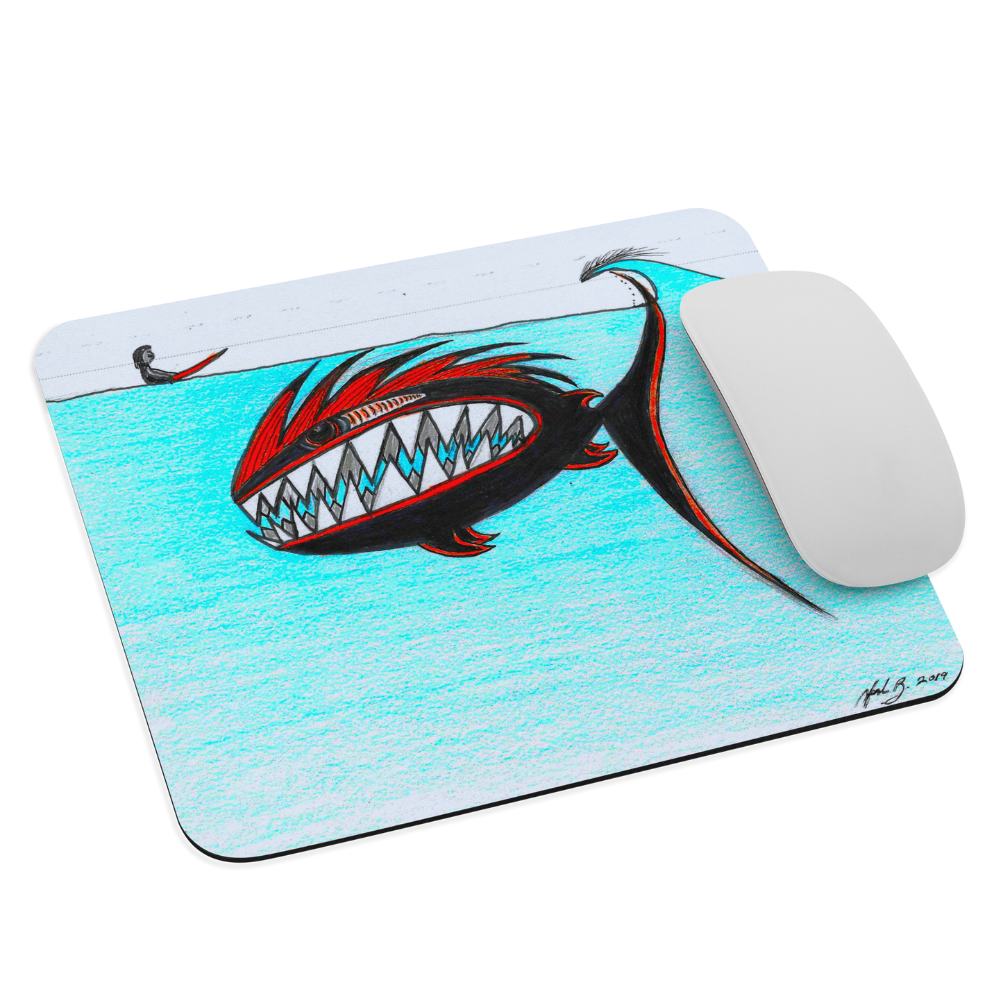Large black and red fish creating a false wave for a surfer sitting on his surfboards in turquoise water mouse pad with no border