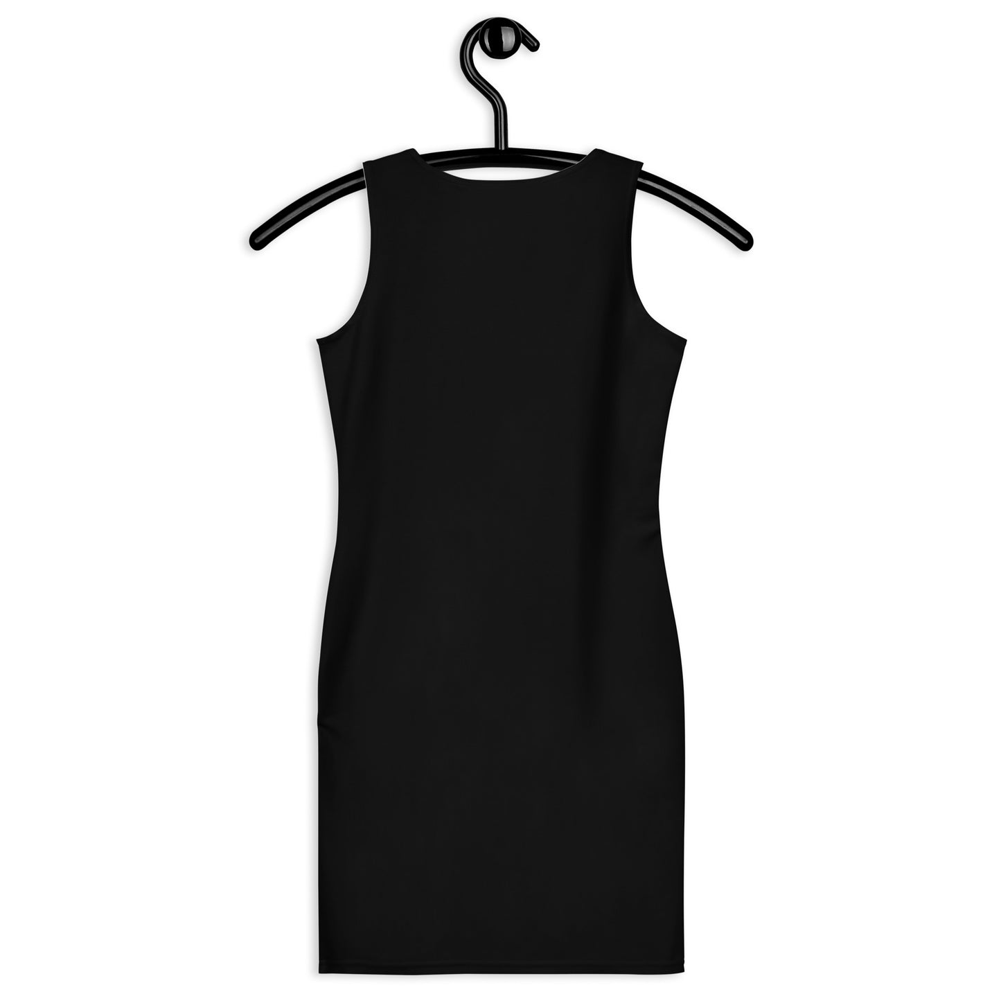 Sublimation Cut & Sew all black Dress, back view on a black hangar