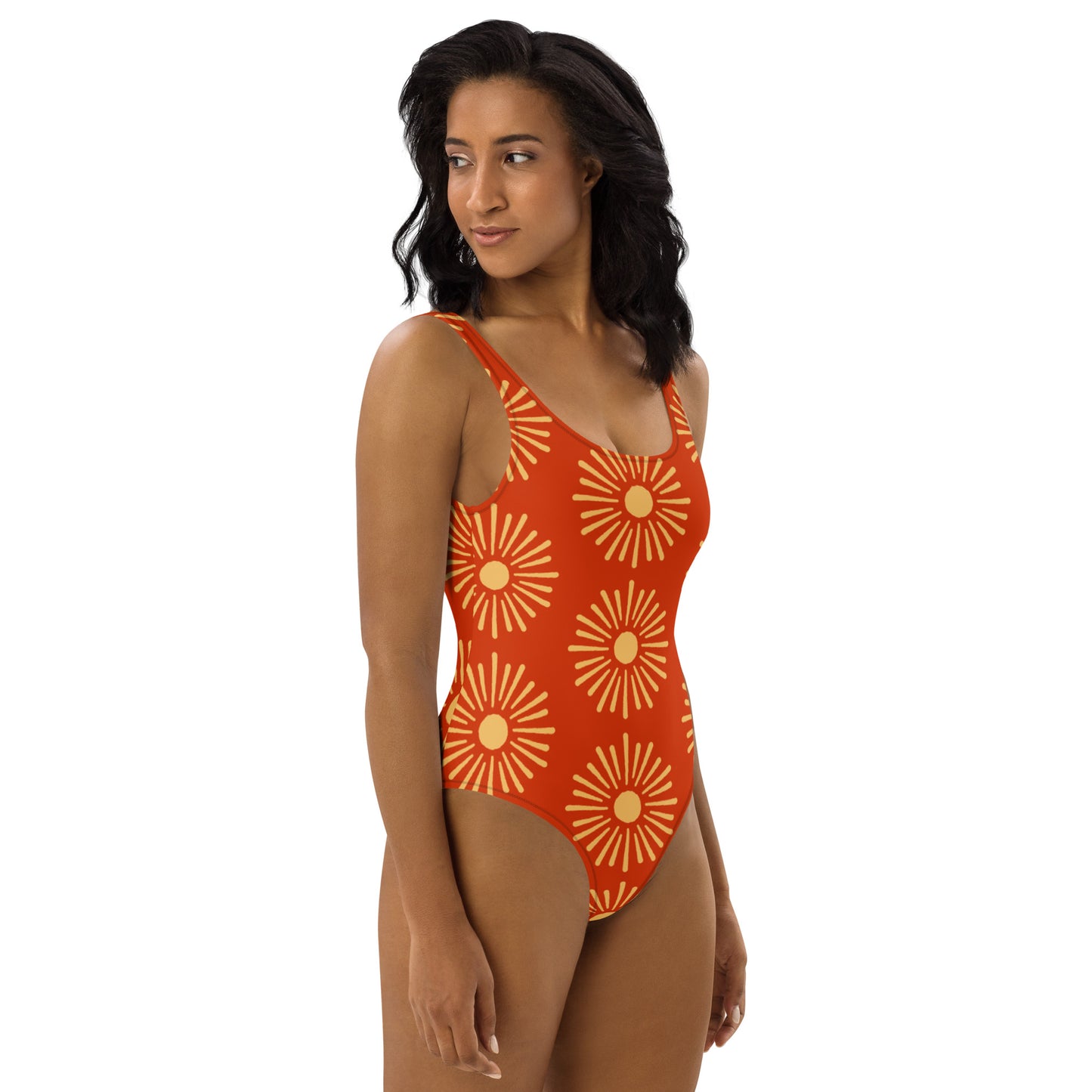 all-over-print-one-piece-swimsuit in Terra-cotta with Yellow sun Print, Right Side view