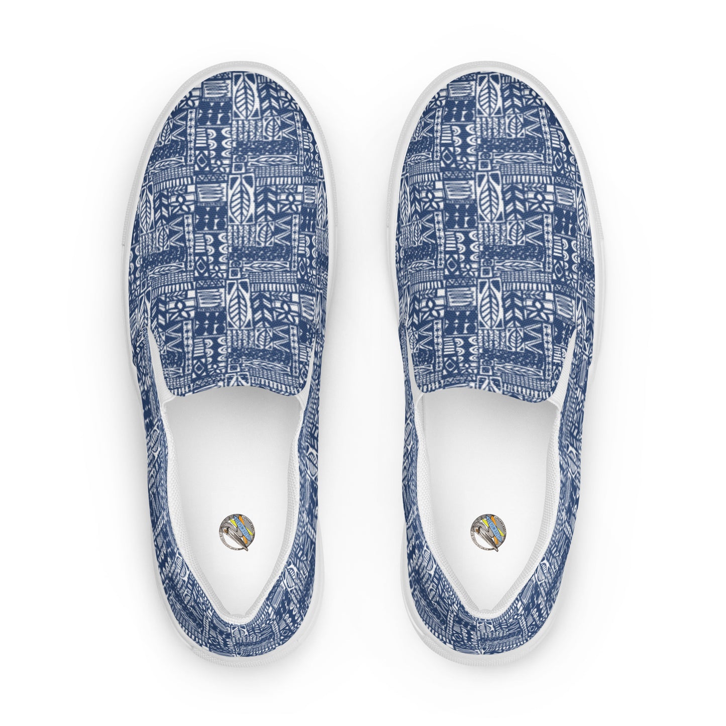 mens-slip-on-canvas-shoes with aloha print, top view of inside shoe with Surf Designs By Herb Bradley Logo