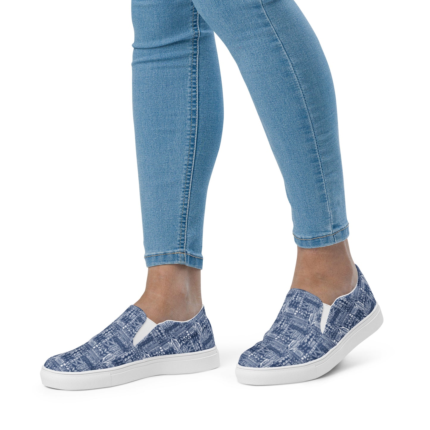 Women's Blue and White Aloha Print, slip-on canvas shoes