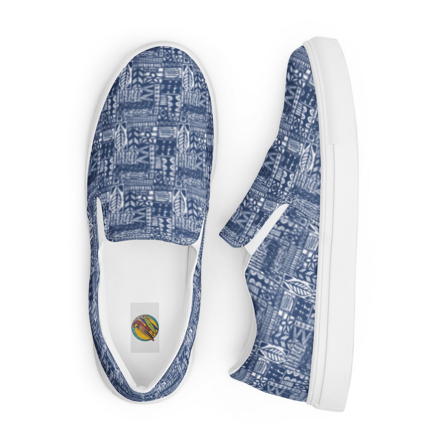 Women's Blue and White Aloha Print, slip-on canvas shoes