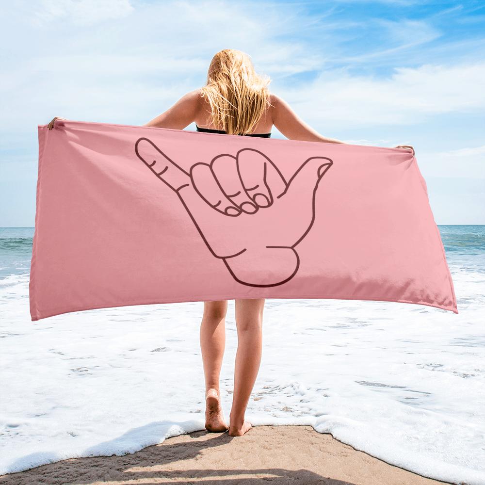 Giant Pink beach towel with Auburn giant shaka 