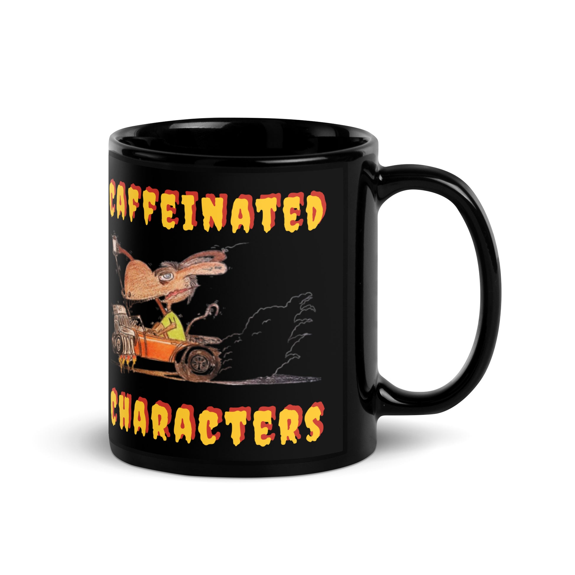 Caffeinatd-Characters-black-glossy-mug-11-oz-handle-on-right-with-white-background