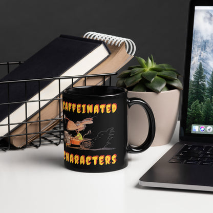 Caffeinated-Characters-black-glossy-mug-11-oz-right facing-sitting-on-a-white-desk-next-to-a-laptop, plant and some books