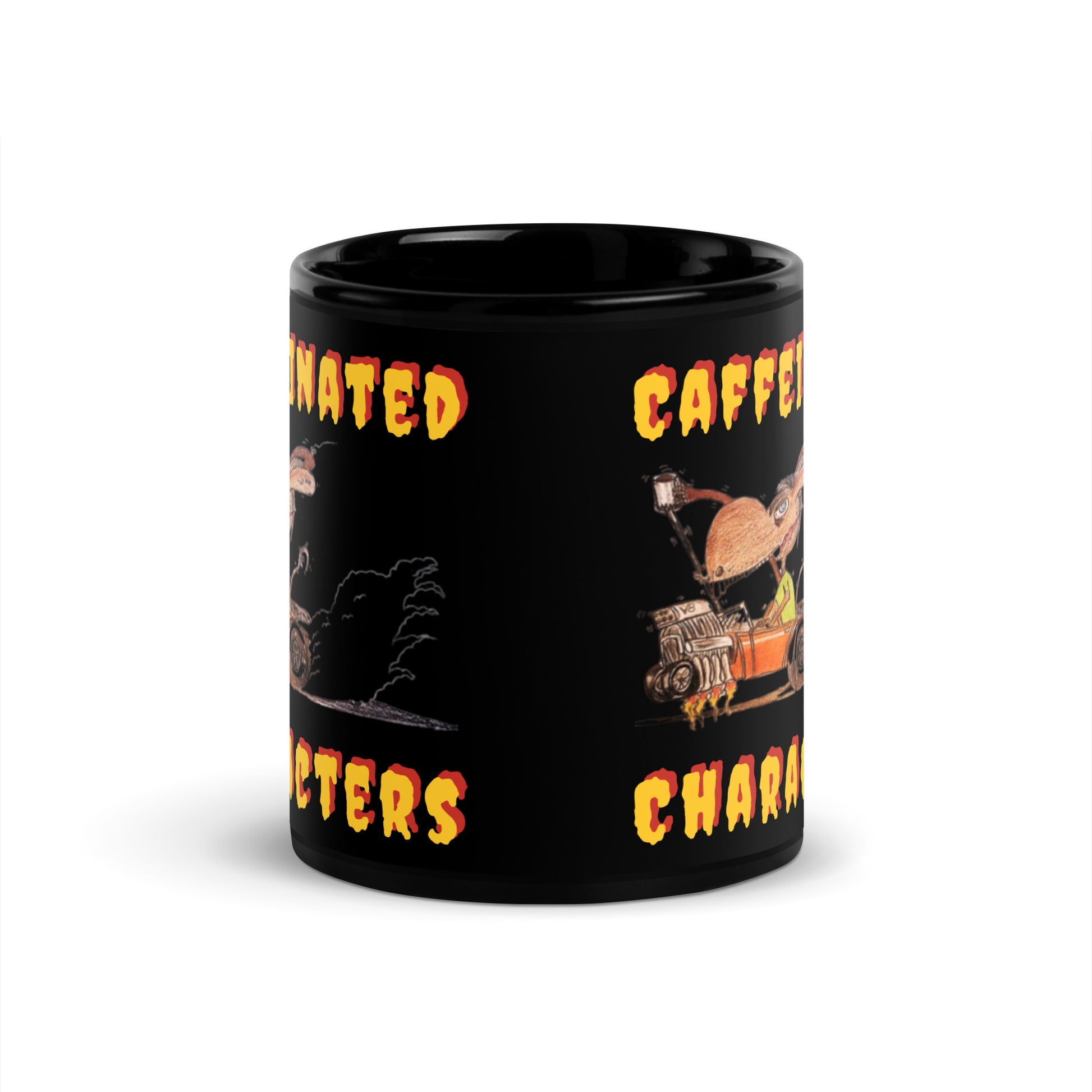 Caffeinated-Characters-black-glossy-mug-11-oz-front facing -with-white background