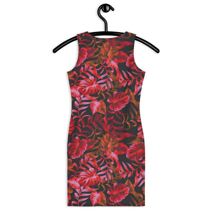 drop dead red  and black pattern form fitting dress  back view on a hanger
