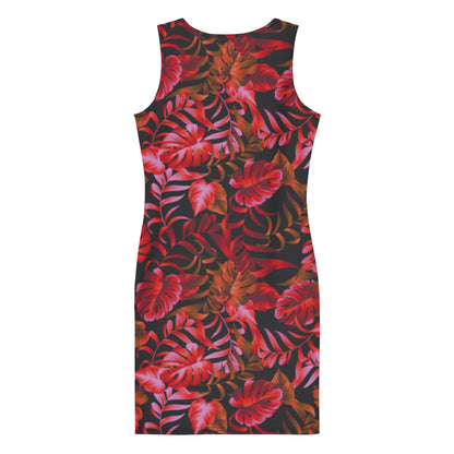 drop dead red  and black pattern form fitting dress back suspended view
