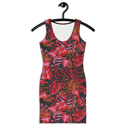 drop dead red  and black pattern form fitting dress front view on a black hanger 