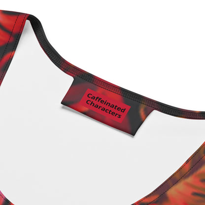 drop dead red  and black pattern form fitting dress Caffeinated Characters Logo in red with black lettering
