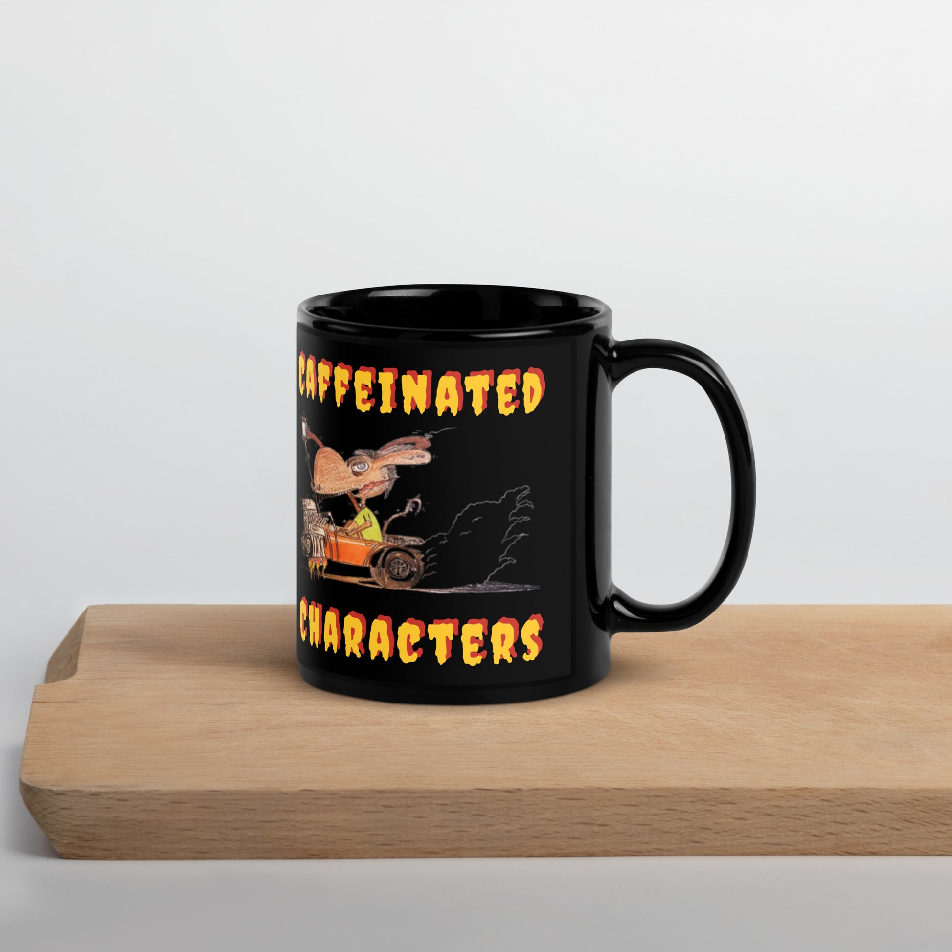 CaffeinatedCharacters-black-glossy-mug-11-oz-handle-on-right-sitting on a woodshelf