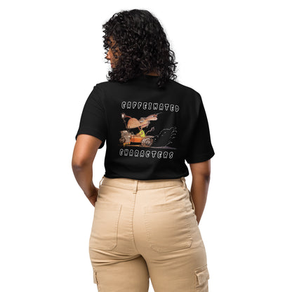Caffeinated Characters Rat Rod Women's T-Shirt in Black tucked in ,back shot on a Woman