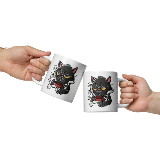 Two white mugs with a black cat design held by two hands against a white background