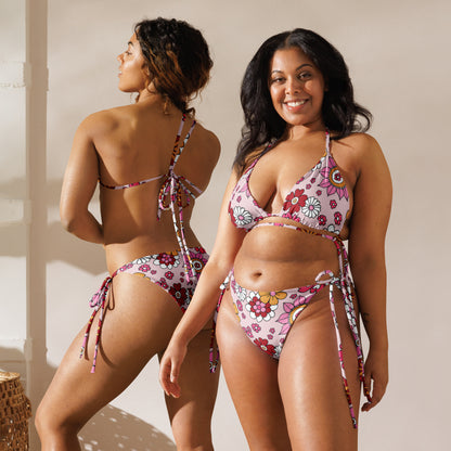Pink and Red, Floral print recycled string bikini