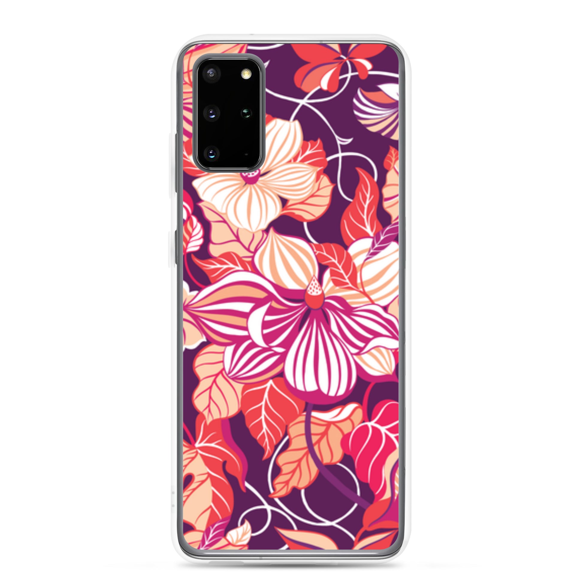 Floral phone case with pink and orange flowers on a purple background