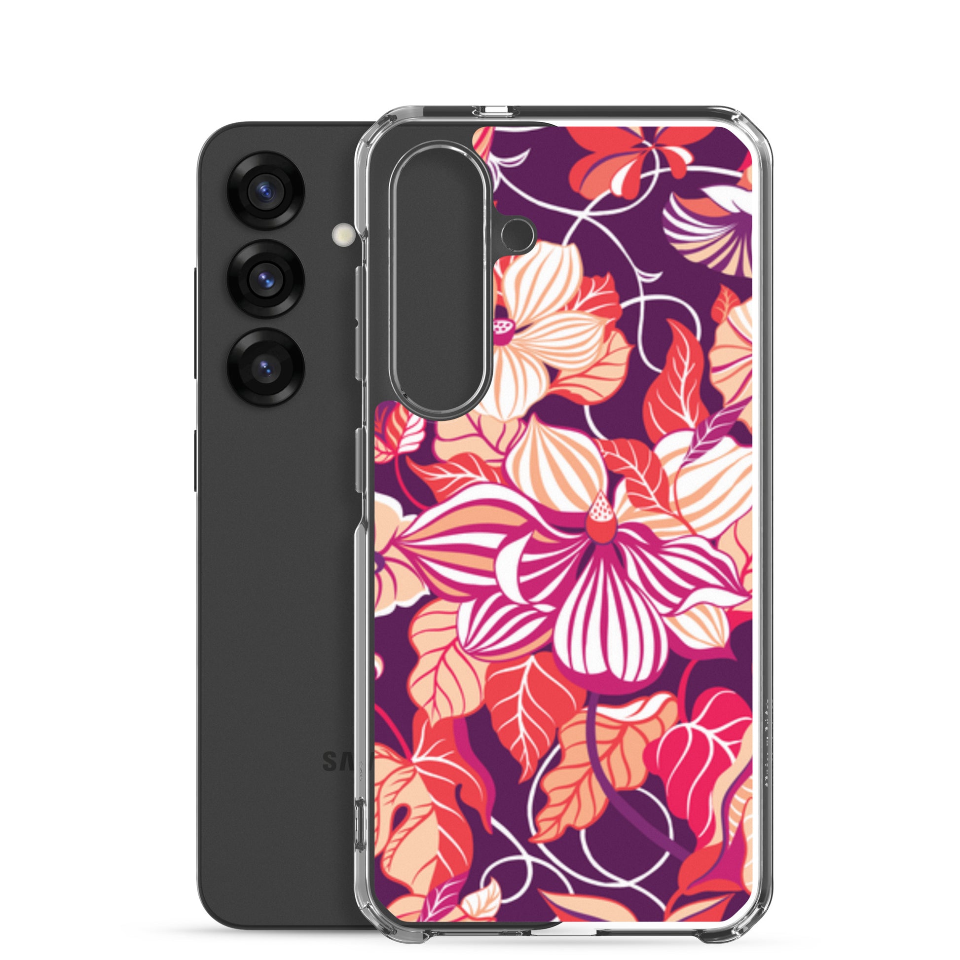 Smartphone with a floral patterned case on a white background