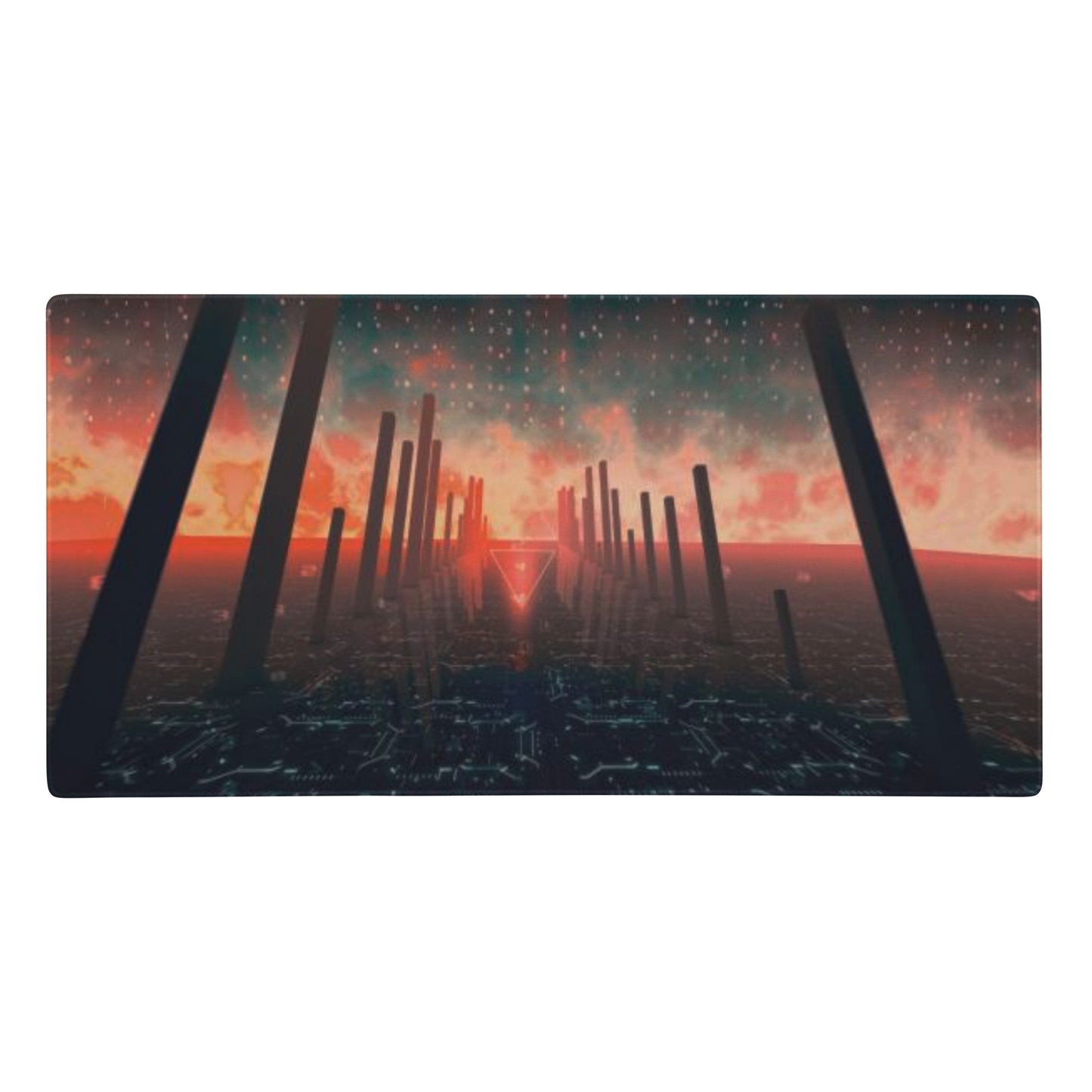 Futuristic landscape with tall structures against a vibrant sky