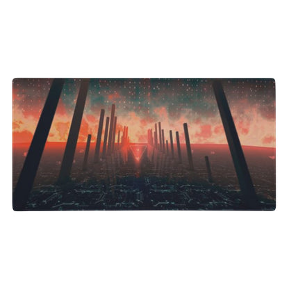 Futuristic landscape with tall structures against a vibrant sky