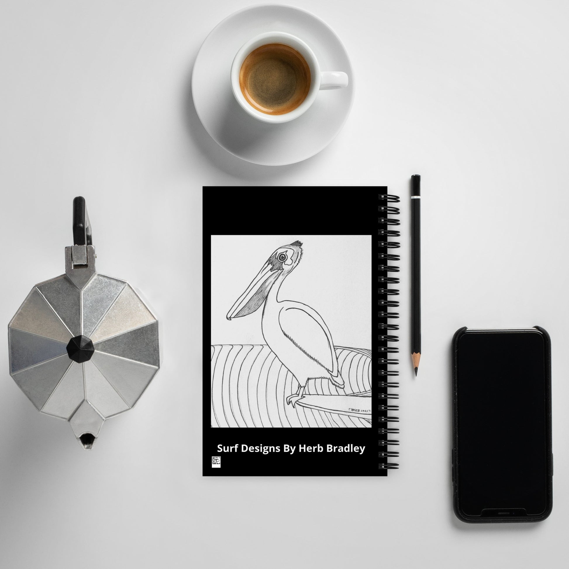 Black back border, with an enlarged black and white Pelican Hanging Ten, and the Surf Designs by Herb Bradley on the bottom