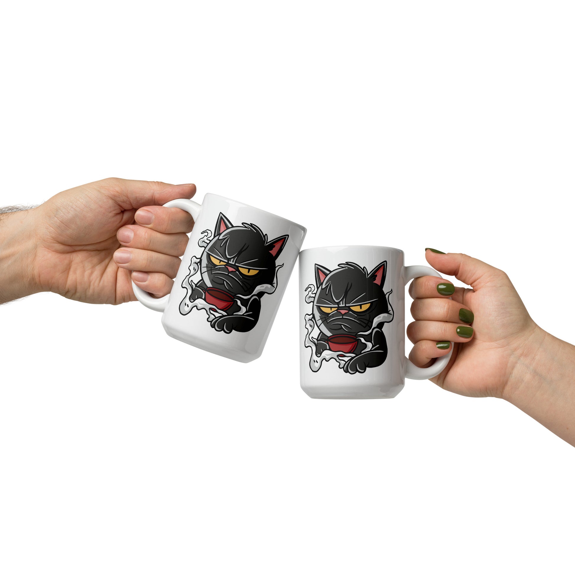 Two white mugs with a black cat design held by two hands against a white background