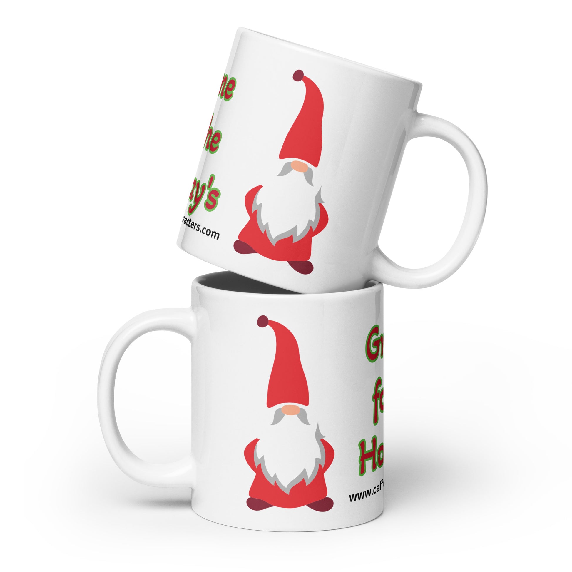 20 oz white glossy mugs stacked on top of eachother with a gnome on the side of each mug