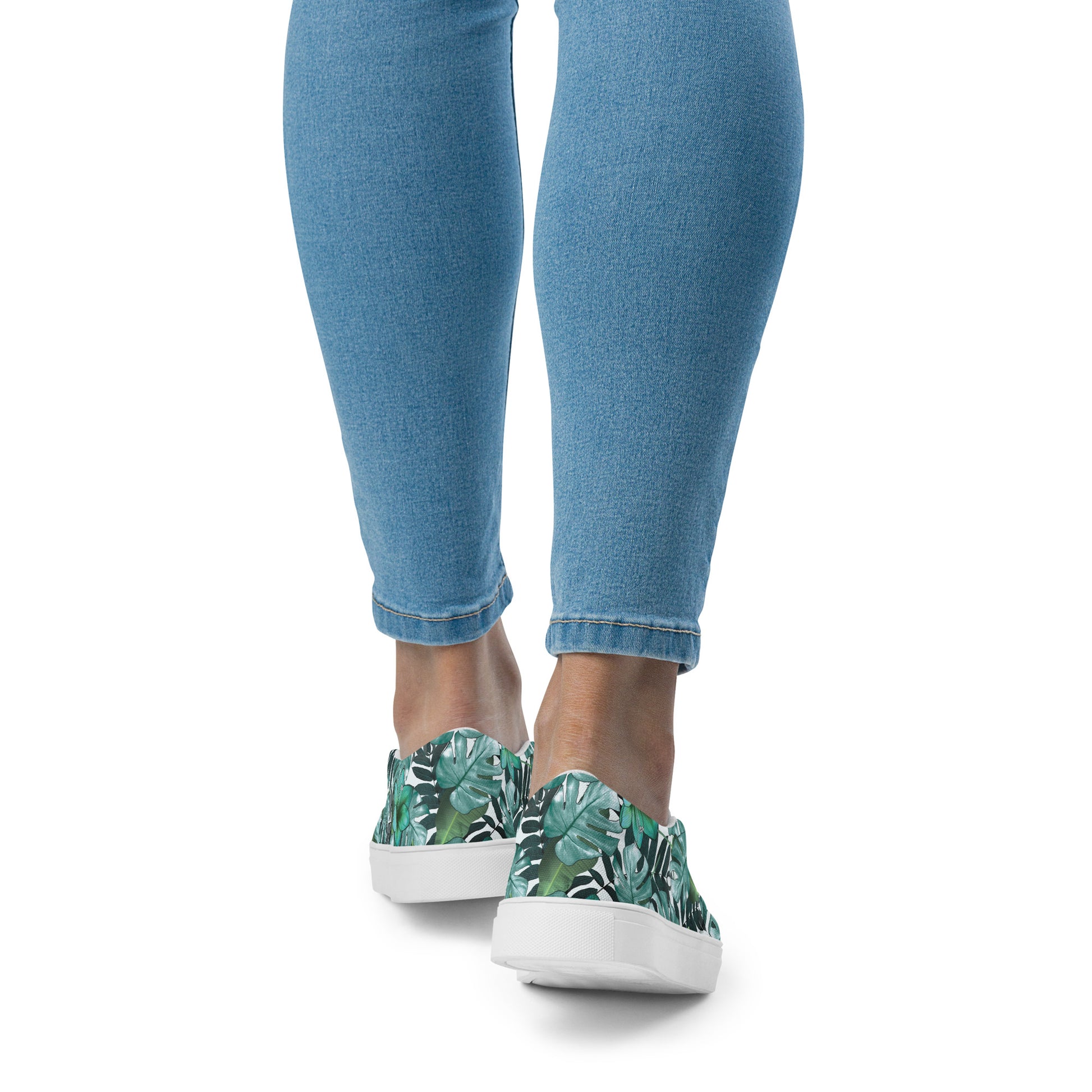 multicolor green tropical print canvas slip on shoes top view back view