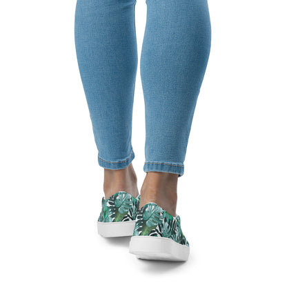 multicolor green tropical print canvas slip on shoes top view back view