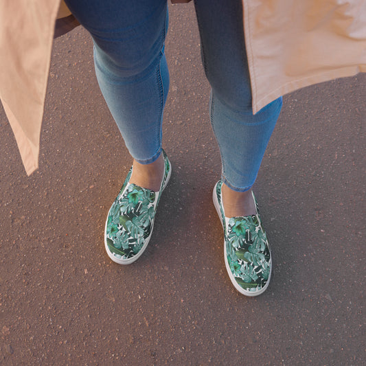 multicolor green tropical print canvas slip on shoes top view