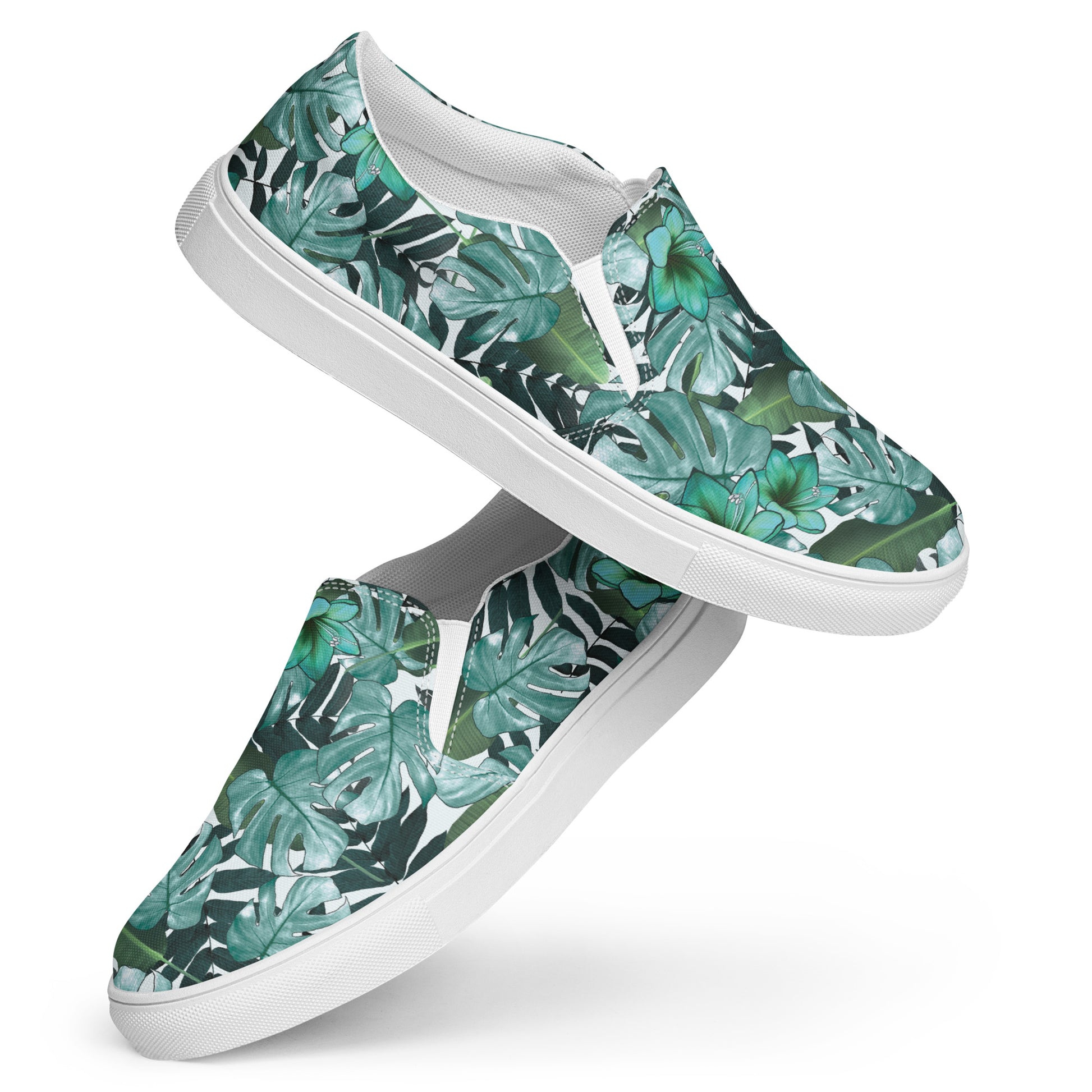 multicolor green tropical print canvas slip on shoes right and left view on white background stacked on top of eachother