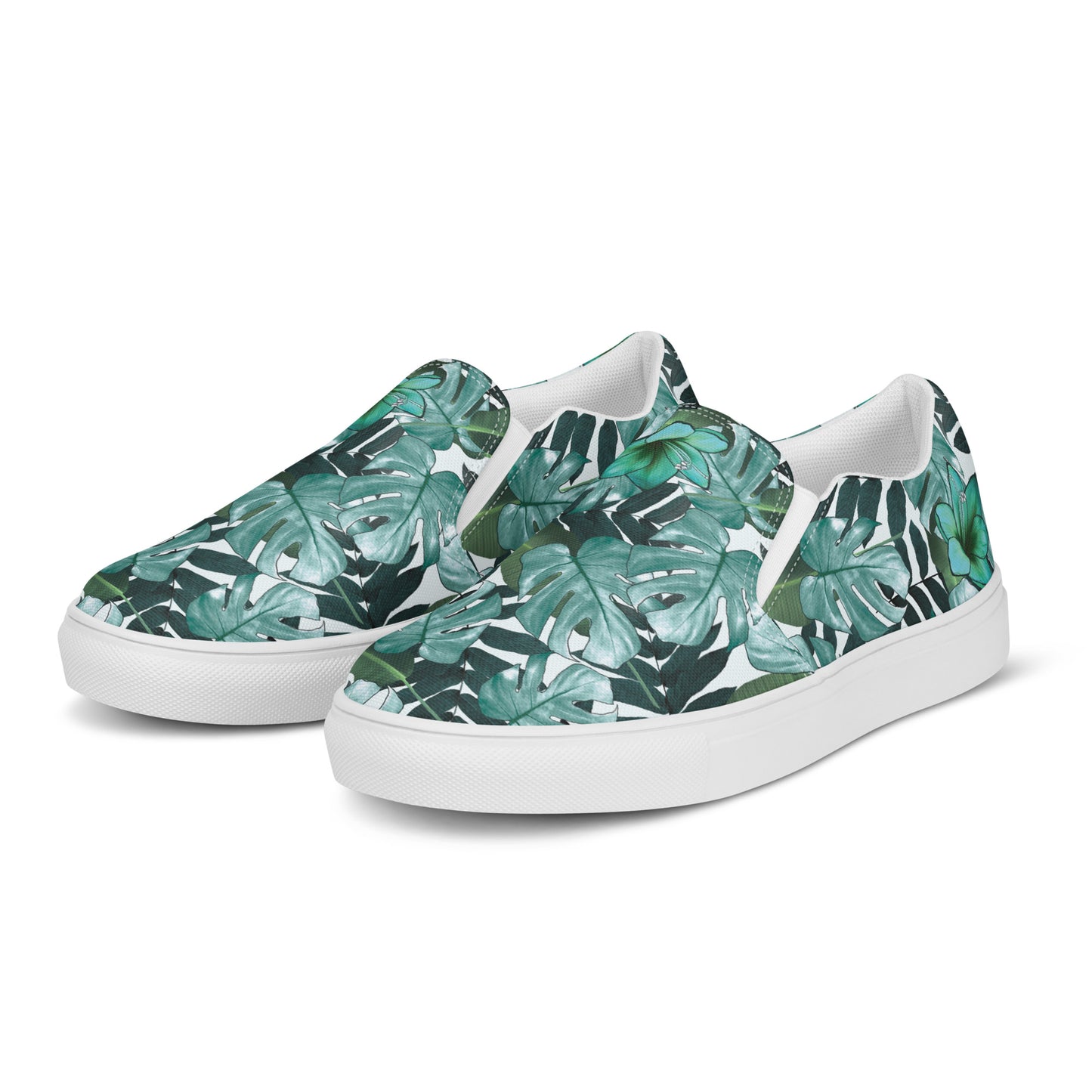 multicolor green tropical print canvas slip on shoes side view with solid white background