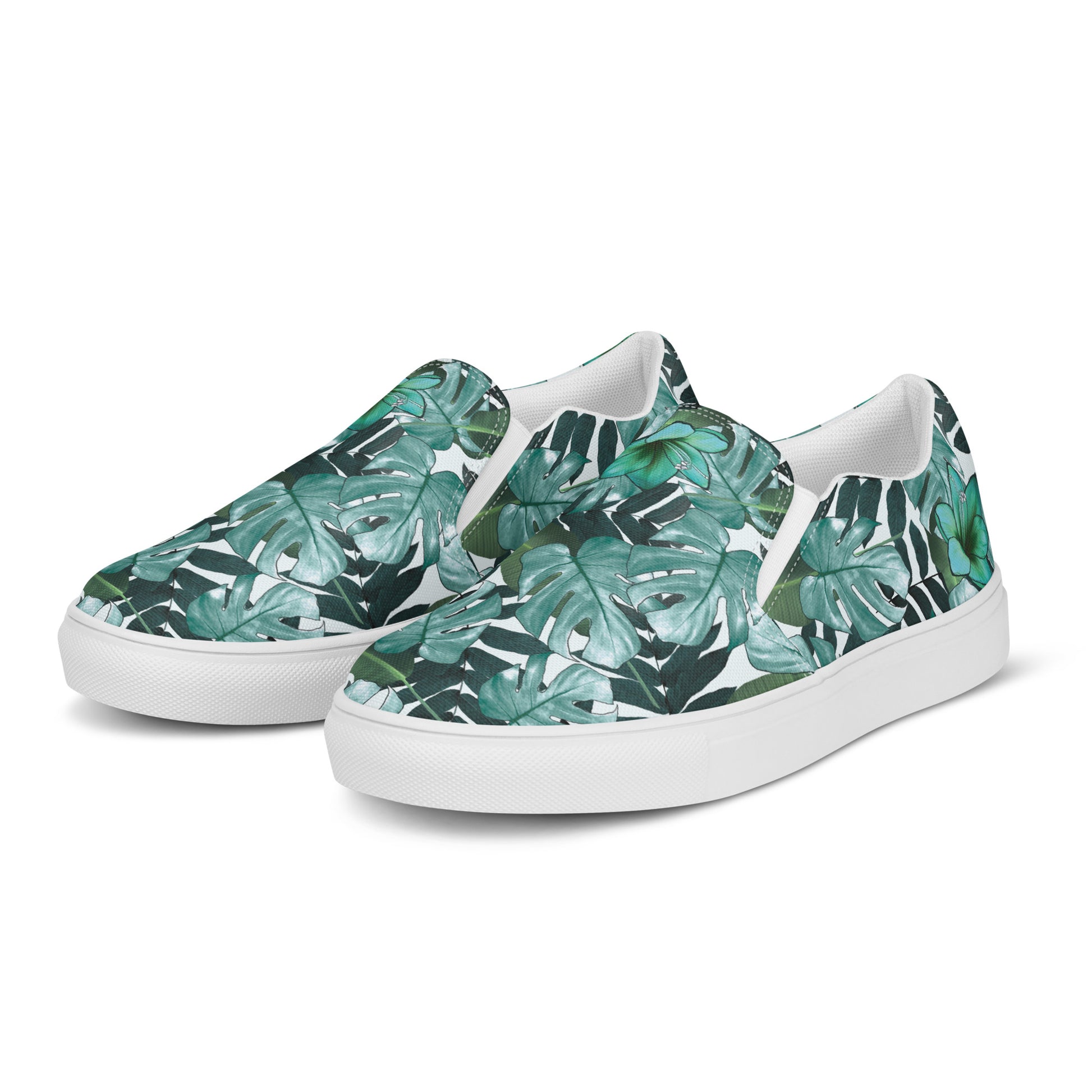 multicolor green tropical print canvas slip on shoes side view with solid white background