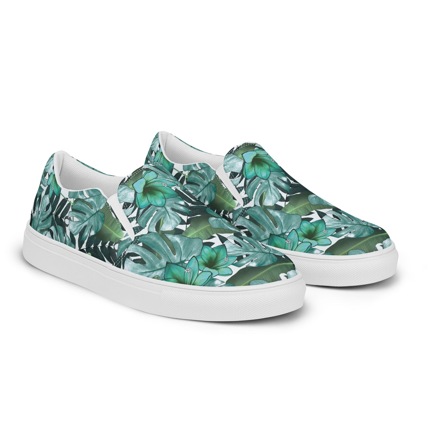 multicolor green tropical print canvas slip on shoes top and side view