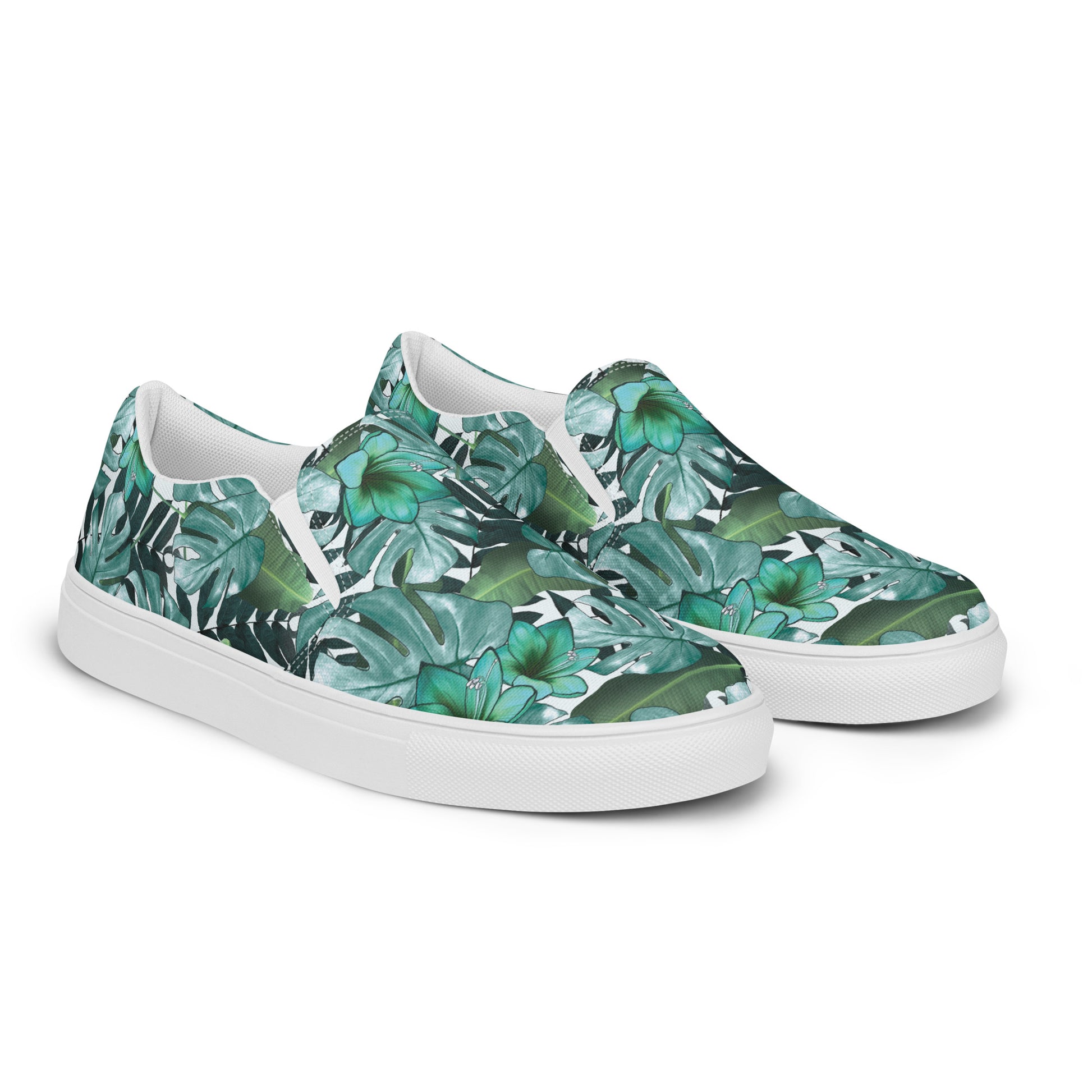 multicolor green tropical print canvas slip on shoes top and side view