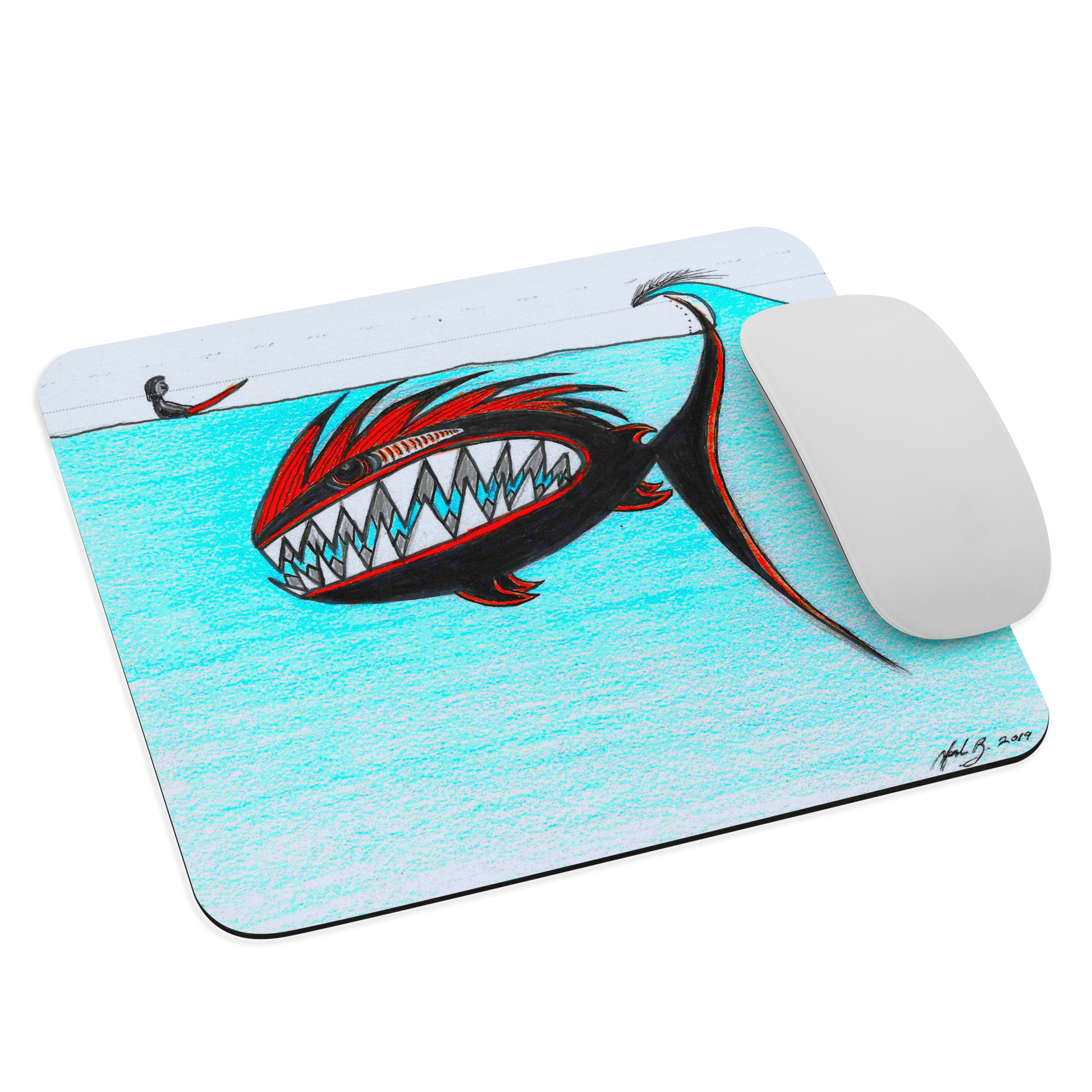 Large black and red fish creating a false wave for a surfer sitting on his surfboards in turquoise water mouse pad with no border